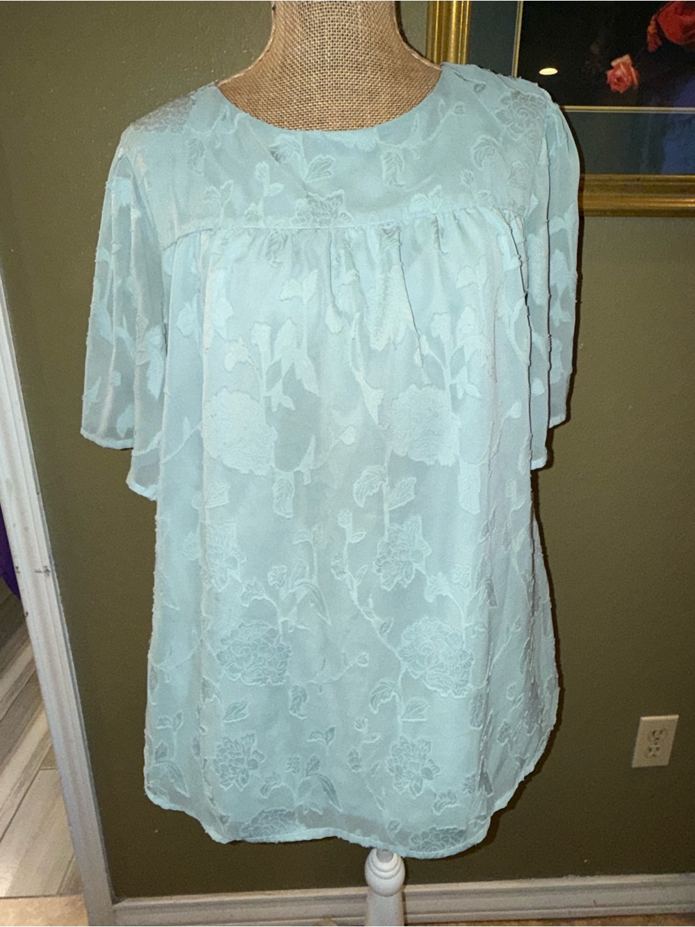 Light Blue Floral Lace Overlay Women's Blouse